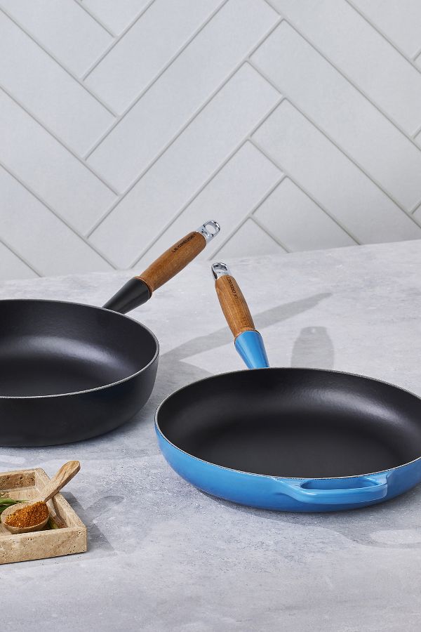 Slide View: 1: Le Creuset Cast Iron Frying Pan with Wooden Handle, 28cm