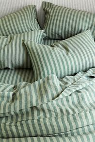 Slide View: 1: Piglet In Bed Pine Green Pembroke Stripe Linen Pillowcase, Set of 2