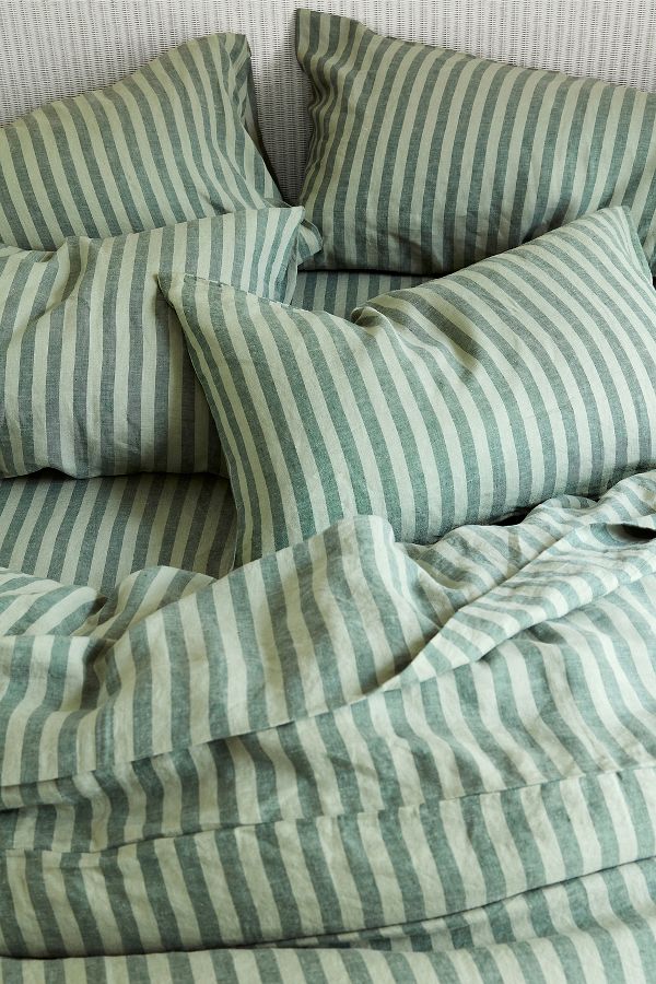 Slide View: 1: Piglet In Bed Pine Green Pembroke Stripe Linen Pillowcase, Set of 2