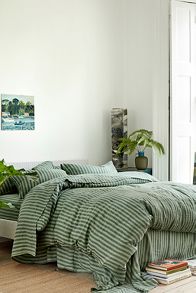 Slide View: 1: Piglet In Bed Pine Green Pembroke Stripe Linen Fitted Sheet