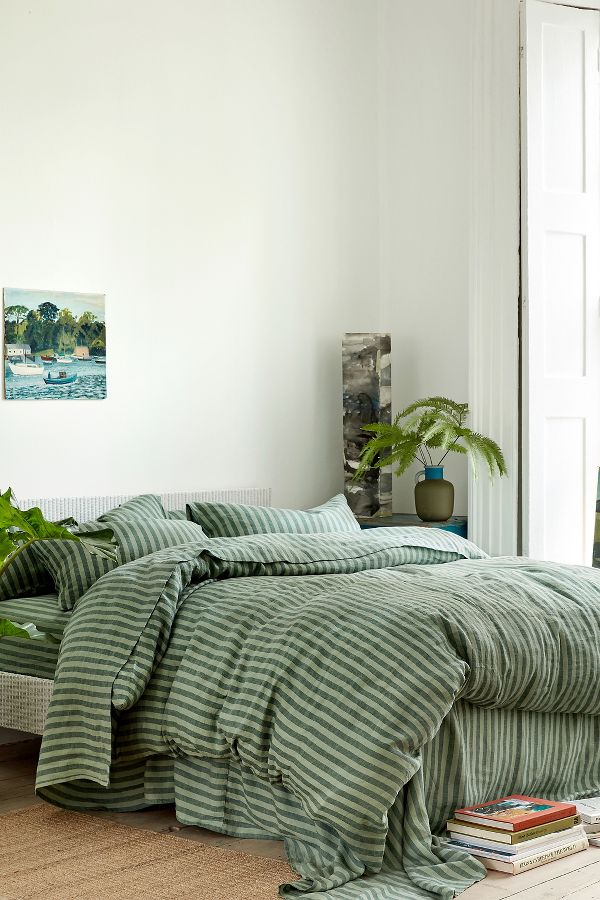 Slide View: 1: Piglet In Bed Pine Green Pembroke Stripe Linen Fitted Sheet