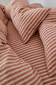 Slide View: 1: Piglet In Bed Sandstone Red Pembroke Stripe Linen Fitted Sheet