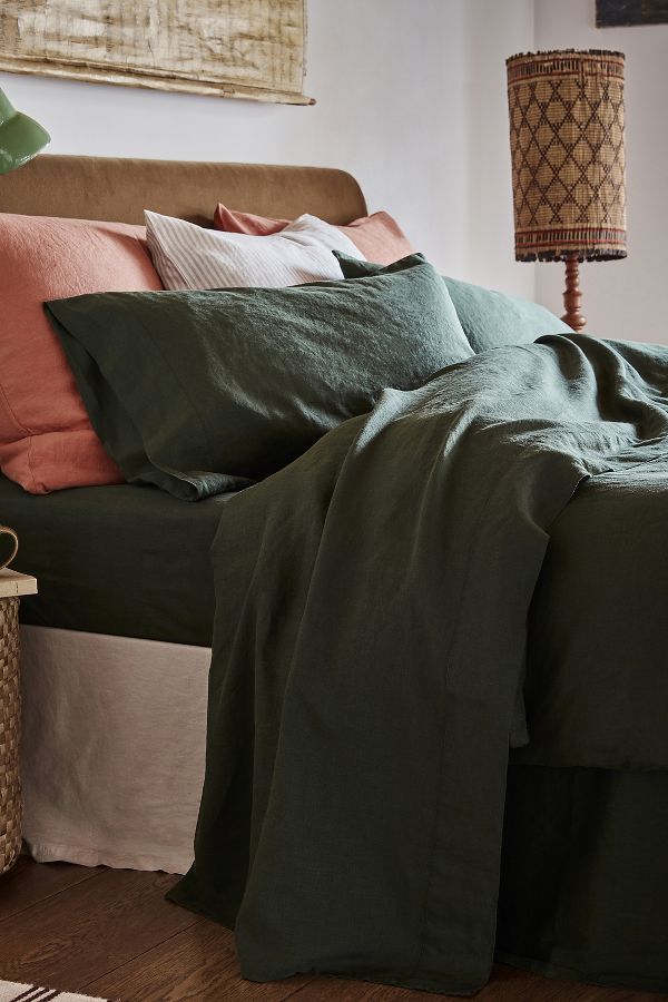 Slide View: 1: Piglet In Bed Fern Green Linen Flat Sheet