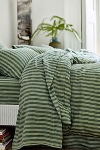 Slide View: 1: Piglet In Bed Pine Green Pembroke Stripe Linen Flat Sheet