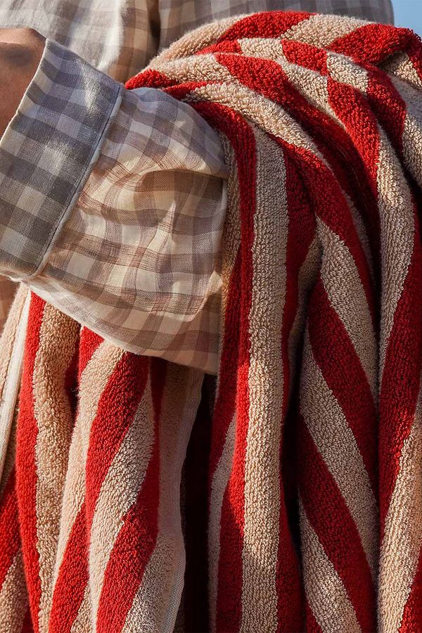 Slide View: 1: Piglet In Bed Sandstone Red Pembroke Stripe Towel