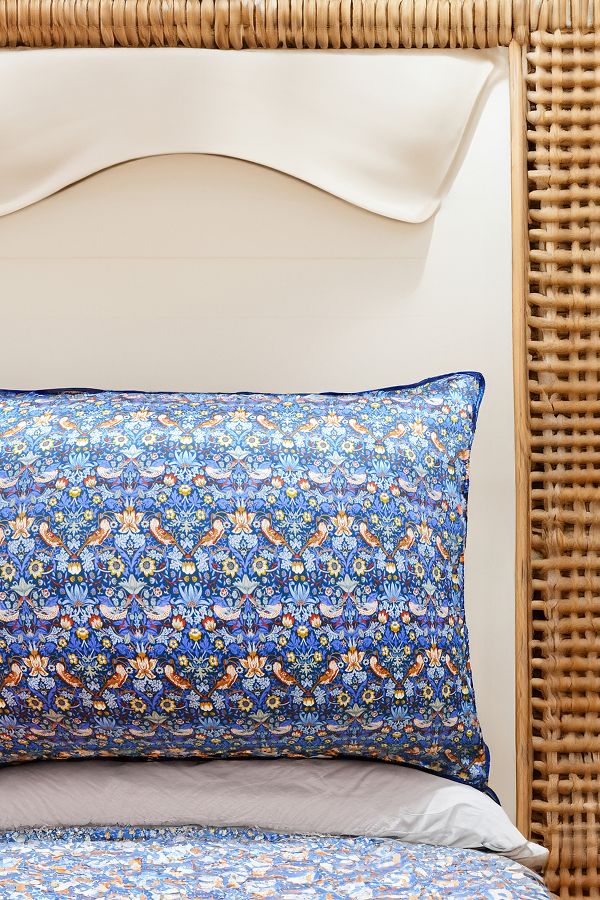 Slide View: 1: Coco & Wolf Strawberry Thief Blue Silk Pillowcase