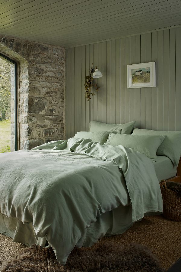 Slide View: 1: Piglet In Bed Sage Green Linen Duvet Cover