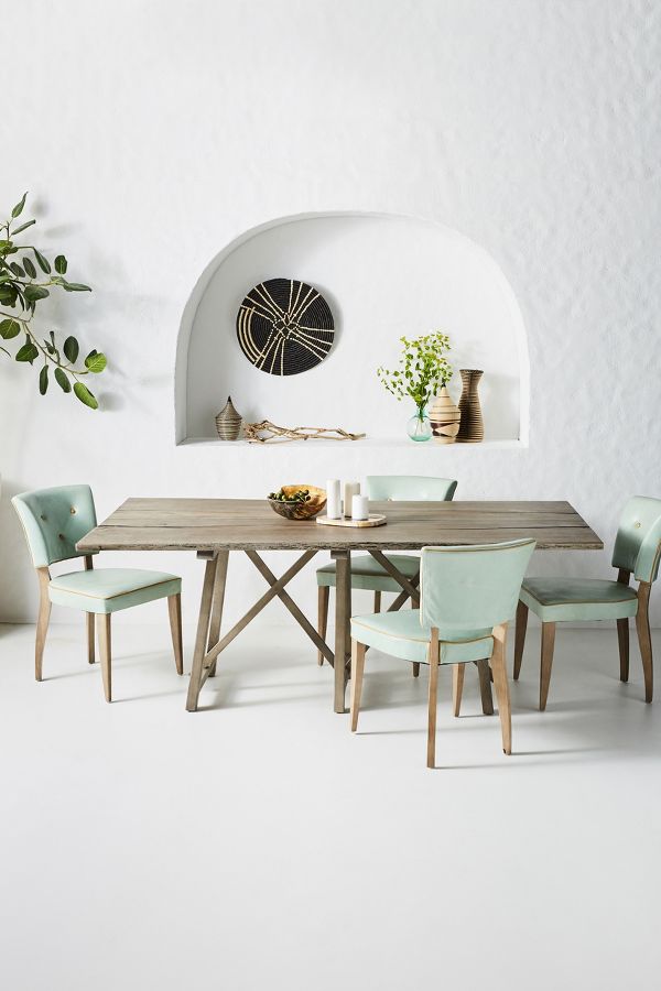 Farmhouse Dining Table with retro pistachio green dining chairs. #modernfrench #diningfurniture #farmtable