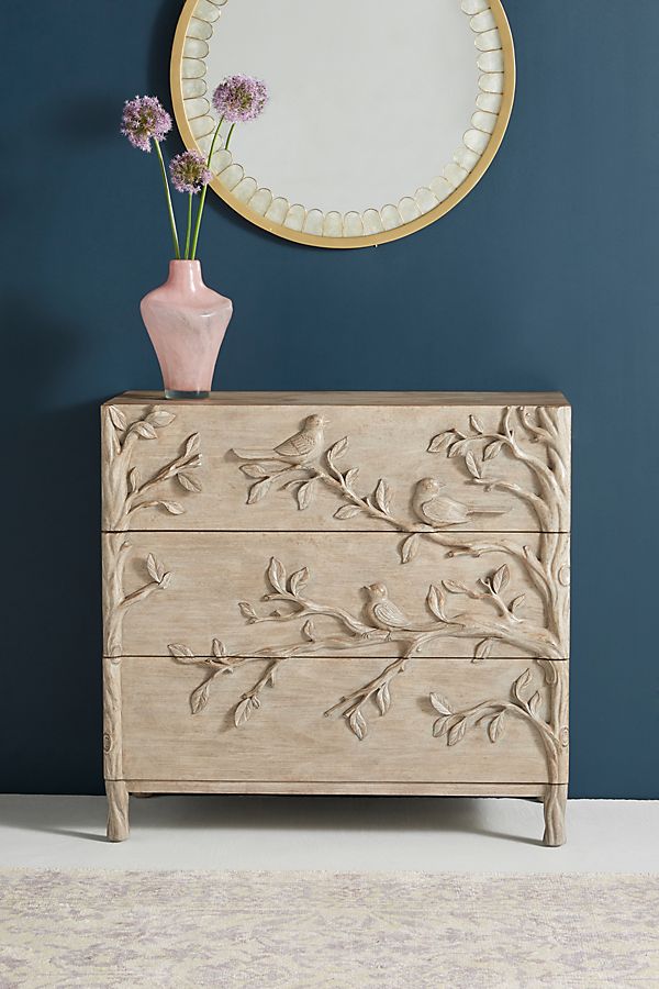 Slide View: 1: Handcarved Ornithology Three-Drawer Dresser