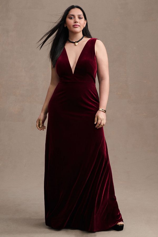 Slide View: 4: Jenny Yoo Logan Deep-V Velvet Column Gown