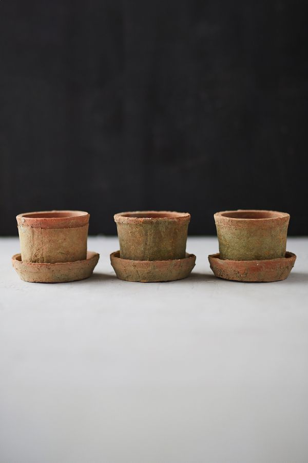 Slide View: 3: Earth Fired Clay Mini Pot + Saucer, Set of 3