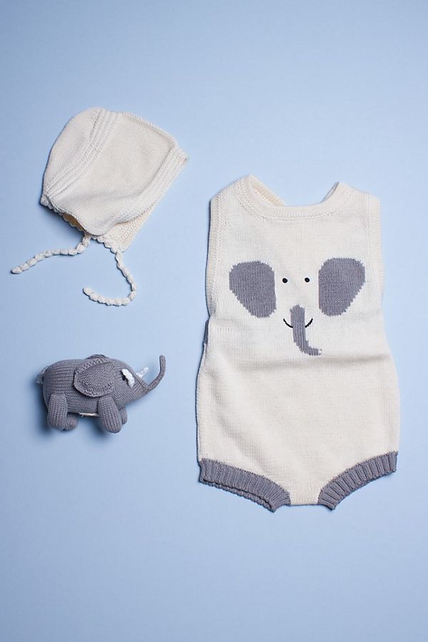 Slide View: 1: Estella Organic Baby Gift Set With Sleeveless Romper, Bonnet Hat & Elephant Rattle