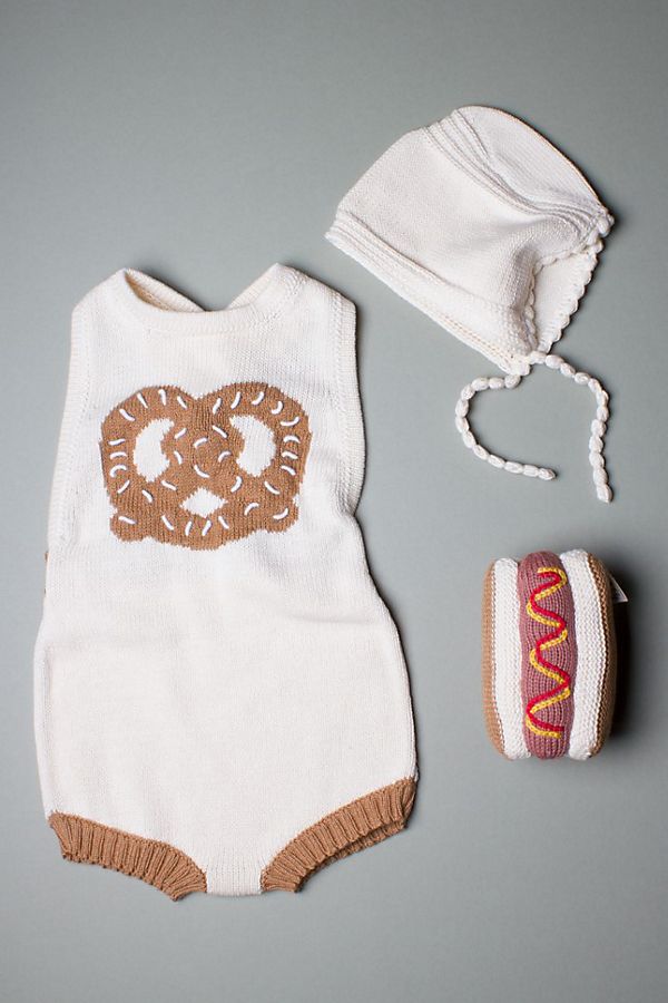 Slide View: 1: Estella Organic Baby Gift Set With Sleeveless Romper, Bonnet Hat & Hotdog Rattle