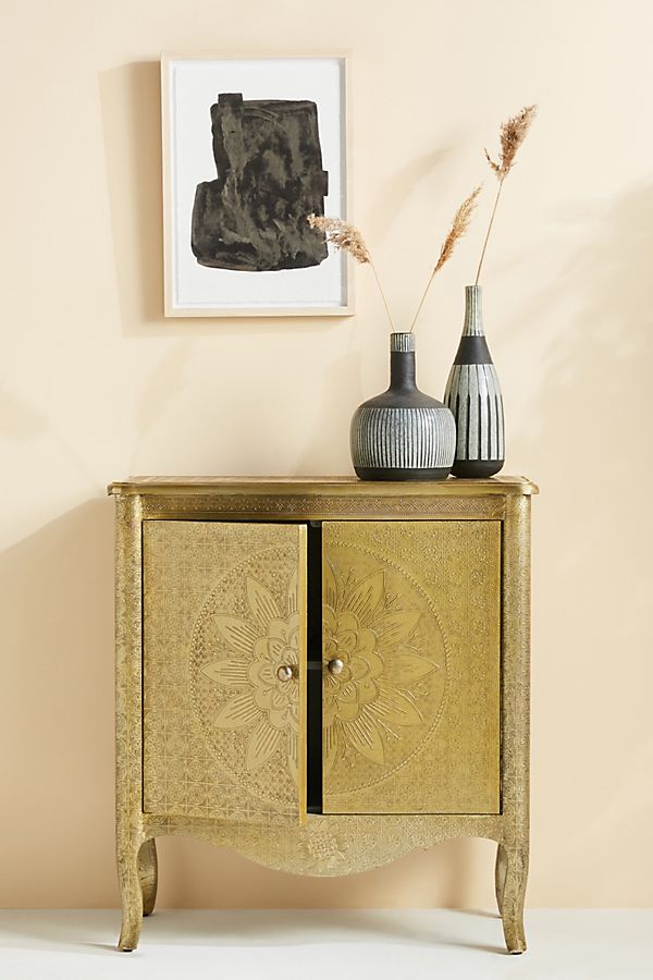 Slide View: 1: Hand-Embossed Lotus Entryway Cabinet