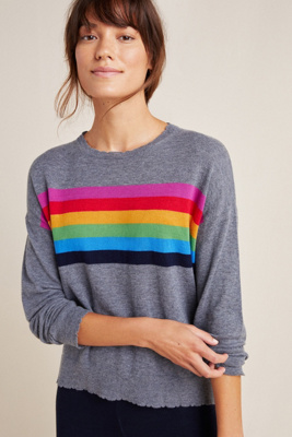 grey sweatshirt with rainbow stripes