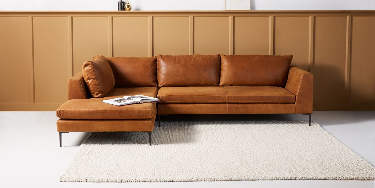 Edlyn Leather Chaise Sectional, Brown Leather Couch With Chaise
