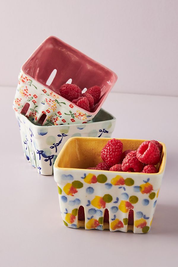 Slide View: 1: Floral Ceramic Berry Basket