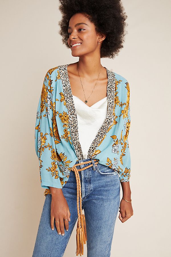 Slide View: 1: Zoe Leopard-Trimmed Kimono