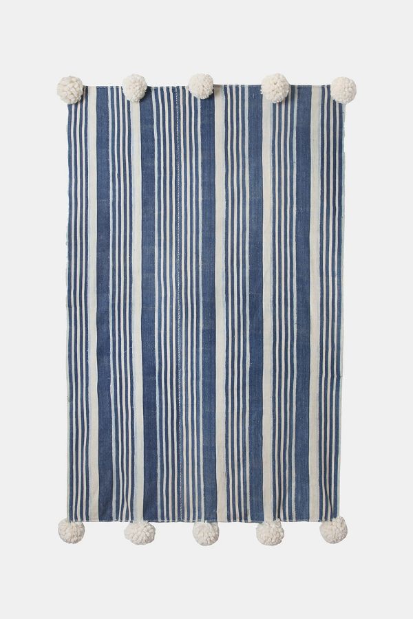 Slide View: 2: Charlie Sprout Indigo Stripe Pom Pom Throw