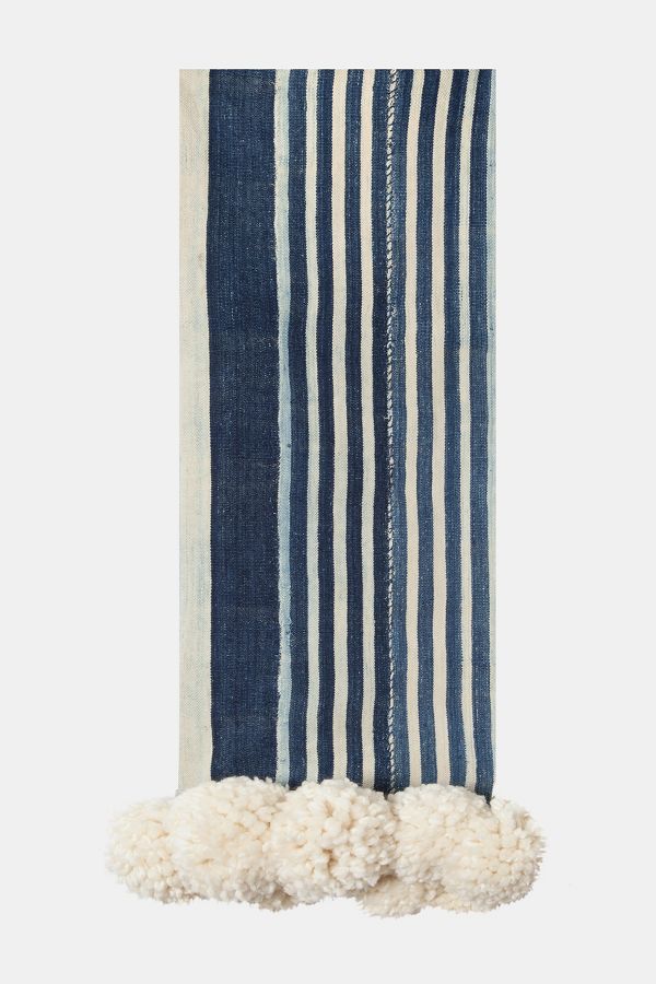 Slide View: 1: Charlie Sprout Indigo Stripe Pom Pom Throw