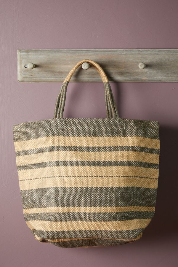 Slide View: 1: Woven Jute Tote Bag, Natural Stripe