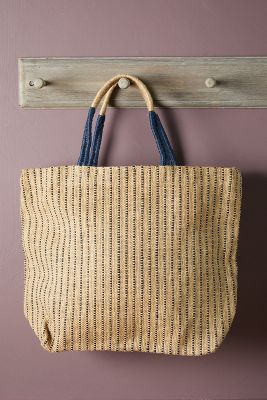 Woven Jute Tote Bag, Indigo Stripe