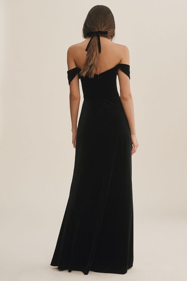 Slide View: 3: Jenny Yoo Issa Off-The-Shoulder Stretch Velvet Column Gown