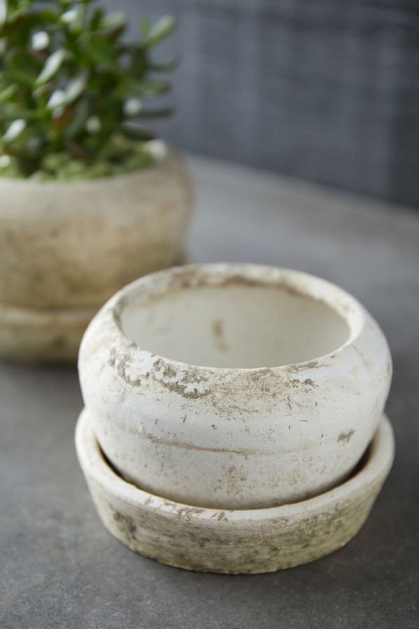 Slide View: 5: Earth Fired Clay White Curve Pots + Saucers, 2 Sizes Set