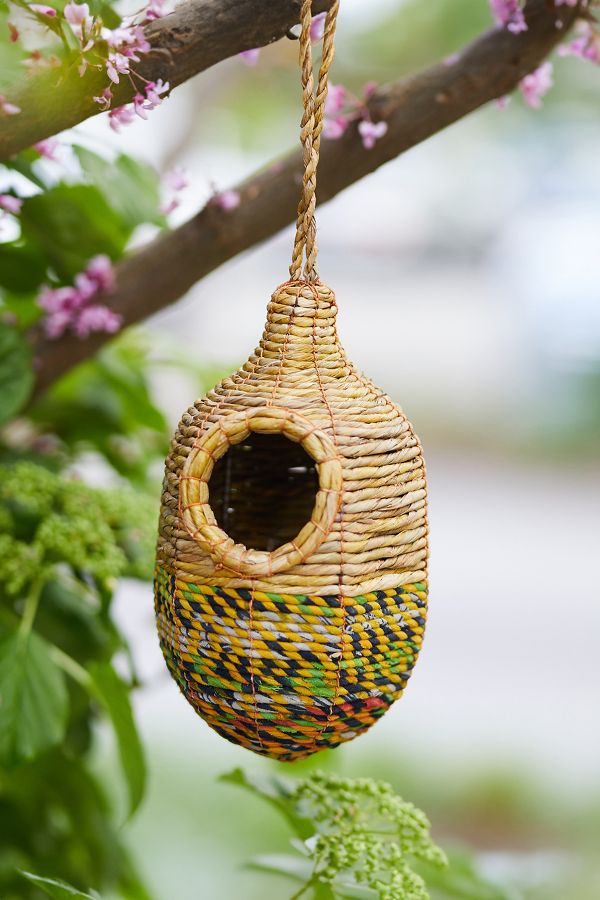 Slide View: 1: Recycled Sari Fabric + Seagrass Bird House, Oval