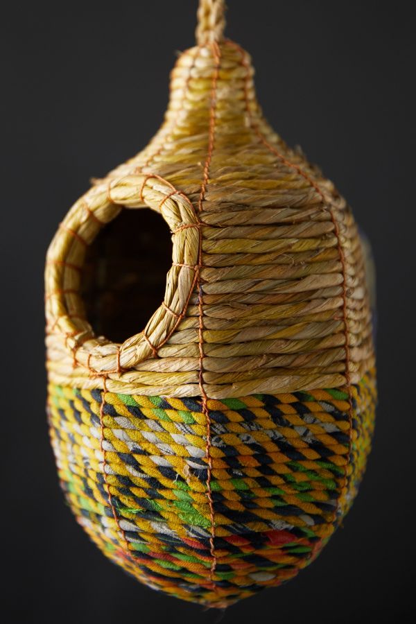 Slide View: 2: Recycled Sari Fabric + Seagrass Bird House, Oval