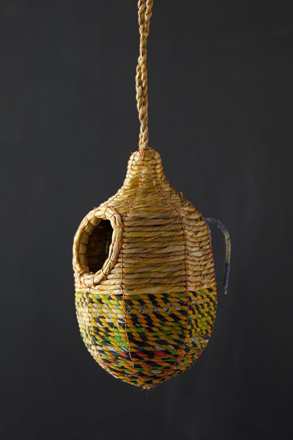 Slide View: 6: Recycled Sari Fabric + Seagrass Bird House, Oval