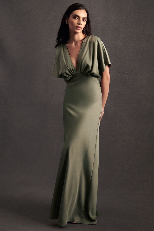 Slide View: 1: BHLDN Leila Deep-V Flutter-Sleeve Satin A-Line Gown