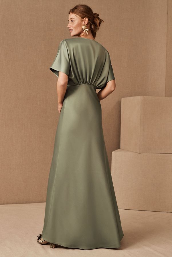 Slide View: 2: BHLDN Leila Deep-V Flutter-Sleeve Satin A-Line Gown