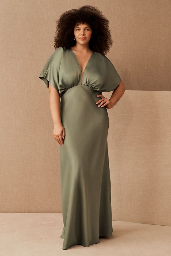 Slide View: 4: BHLDN Leila Deep-V Flutter-Sleeve Satin A-Line Gown