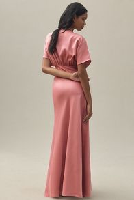 Slide View: 2: BHLDN Leila Deep-V Flutter-Sleeve Satin A-Line Gown