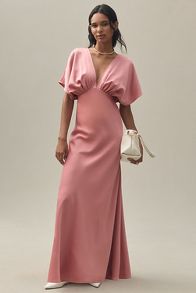 Slide View: 3: BHLDN Leila Deep-V Flutter-Sleeve Satin A-Line Gown