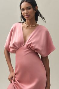 Slide View: 1: BHLDN Leila Deep-V Flutter-Sleeve Satin A-Line Gown