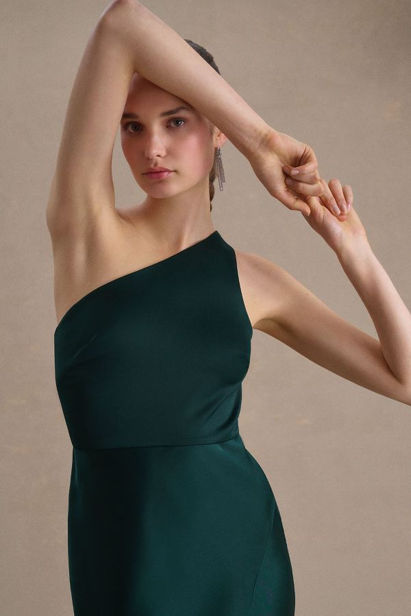 Slide View: 2: BHLDN Dylan One-Shoulder Satin Side-Slit Gown