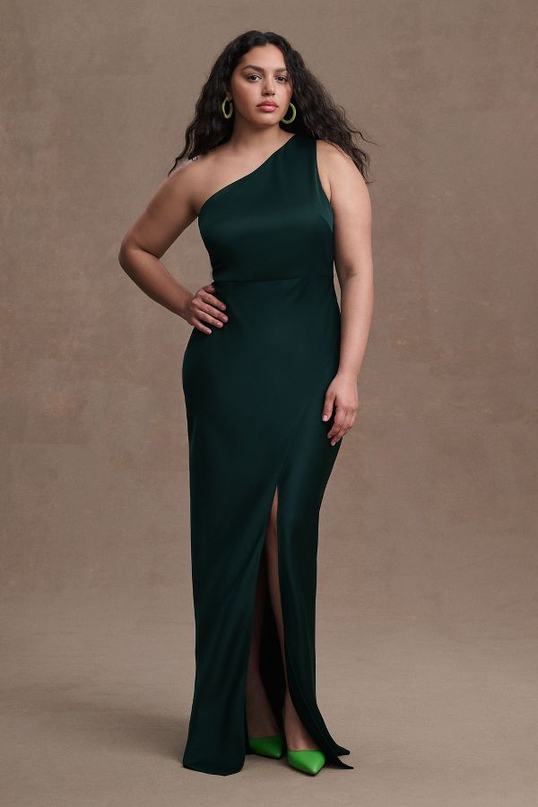 Slide View: 4: BHLDN Dylan One-Shoulder Satin Side-Slit Gown