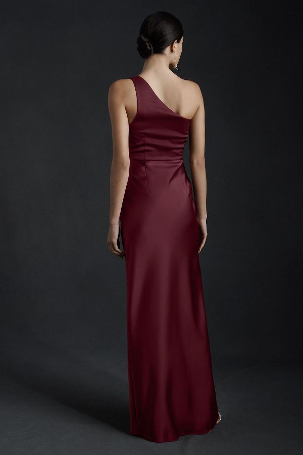 Slide View: 3: BHLDN Dylan One-Shoulder Satin Side-Slit Gown