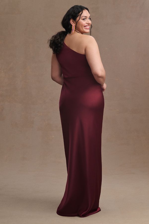 Slide View: 7: BHLDN Dylan One-Shoulder Satin Side-Slit Gown