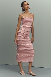 Slide View: 1: V. Chapman Lily Ruched & Ruffled Stretch Satin Midi Dress