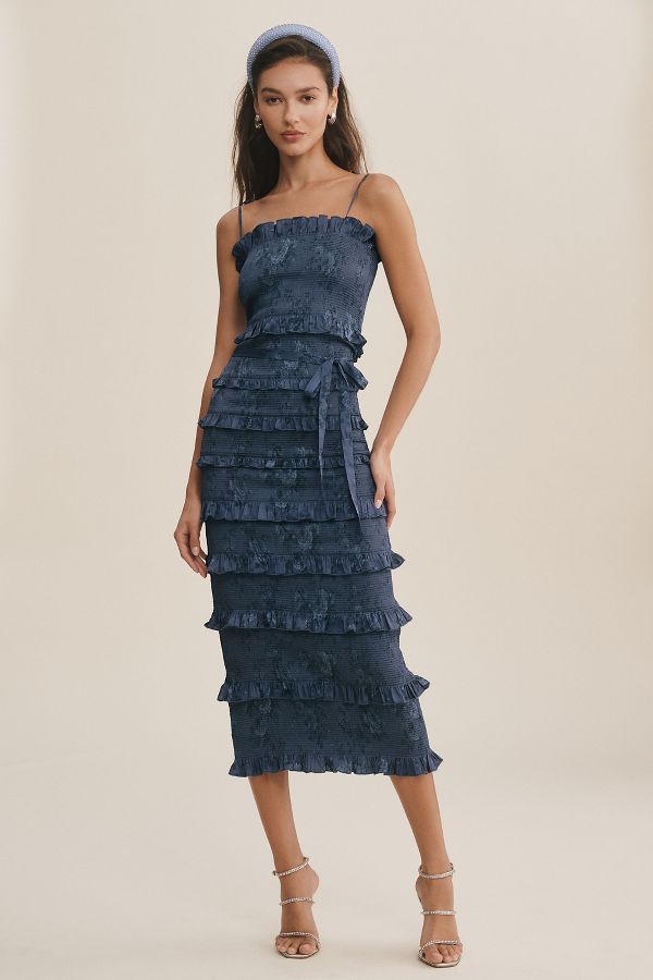 Slide View: 2: V. Chapman Lily Ruched & Ruffled Stretch Satin Midi Dress