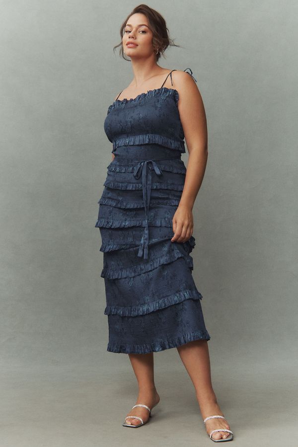 Slide View: 5: V. Chapman Lily Ruched & Ruffled Stretch Satin Midi Dress