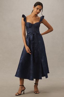 V. Chapman Vera Ruffle-Strap Corset Side-Slit Midi Dress