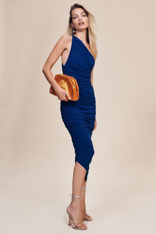 Slide View: 1: Norma Kamali Diana One-Shoulder Ruched Midi Dress