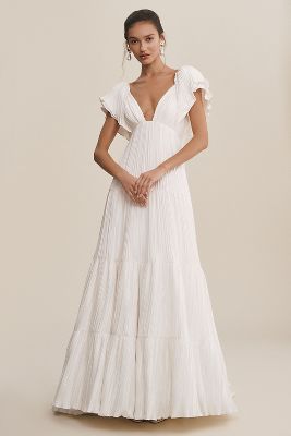 BHLDN Valerie Flutter-Sleeve Pleated Satin Wedding Gown