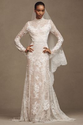 Watters Frances High-Neck Lace Sheath Wedding Gown