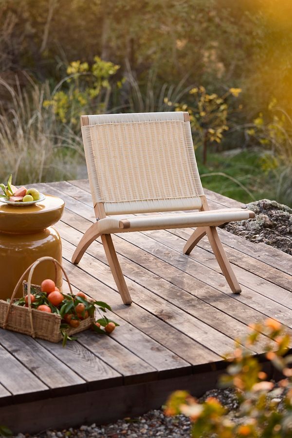 Slide View: 1: Folding Teak + Wicker Scissor Chair