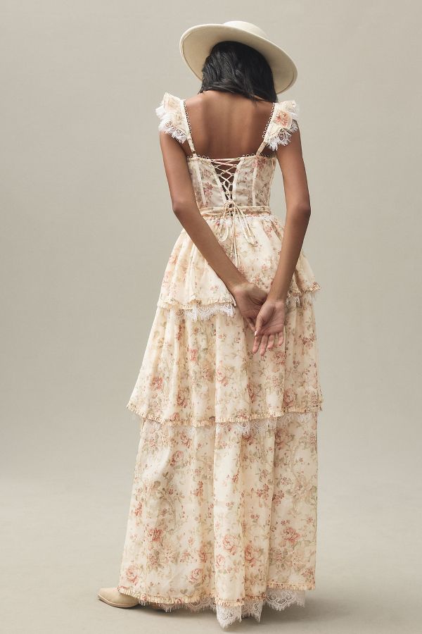 Slide View: 3: V. Chapman Jolie Corset Ruffle Lace Maxi Gown